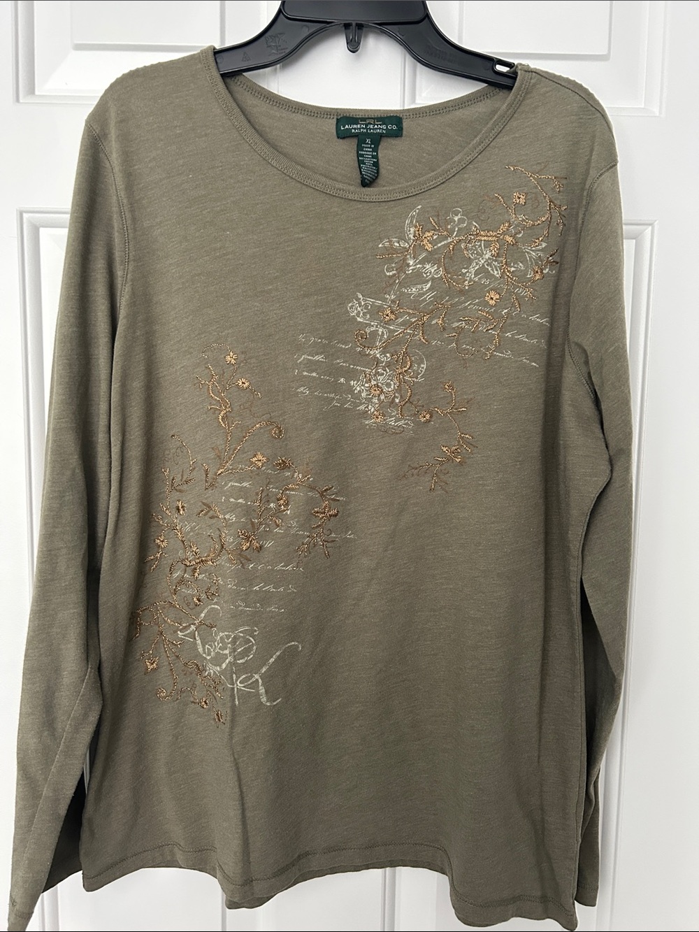 Lauren Ralph Lauren Olive Green Long-Sleeve Top with Gold Embroidery